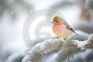 bird perched on a snowy pine bough, fluffed against cold