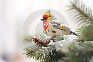 bird perched on a snowy pine bough, fluffed against cold