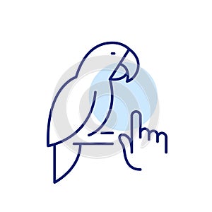 Bird pet adoption. Finger tapping on parrot picture. Easy and accessible process. Pixel perfect, editable stroke icon