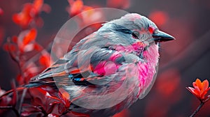 A bird with a pink and blue feather sitting on top of some red leaves, AI