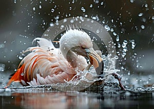 A bird with pink feathers, known as a flamingo, is bathing in the lakes water