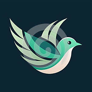 A bird posing gracefully with vibrant green leaves attached to its wings, creating a unique and striking visual, logo bird icon