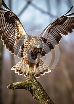 Bird of prey. Common buzzard landing on branch in wintertime forest.