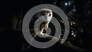 Bird of prey perching on branch, looking at camera in forest generated by AI