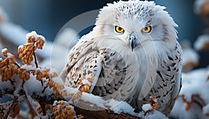 Bird of prey perching on branch, looking at camera generated by AI