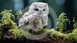 Bird of prey perching on branch, looking at camera, majestic generated by AI
