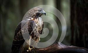 a bird of prey sitting on a branch in a forest with trees in the backgrouds and a blurred background of green foliage