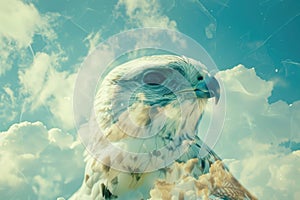 A bird of prey superimposed with the texture of a dramatic cloudy sky in a double exposure