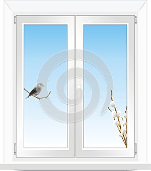 Bird and willow branch in the window