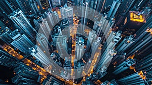 Bird\'s aye view of cityscape at night with skyscrapers