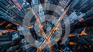 Bird\'s aye view of cityscape at night with skyscrapers