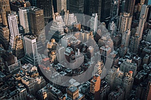 A bird`s eye aerial cityscape view of Midtown Manhattan, New York City
