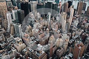 A bird`s eye aerial cityscape view of Midtown Manhattan, New York City