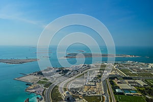 Bird`s eye and aerial drone view of Abu Dhabi city from observation deck