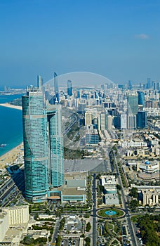 Bird`s eye and aerial drone view of Abu Dhabi city from observation deck