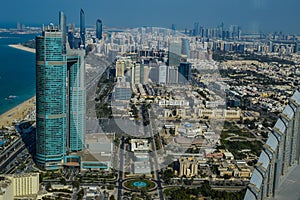 Bird`s eye and aerial drone view of Abu Dhabi city from observation deck