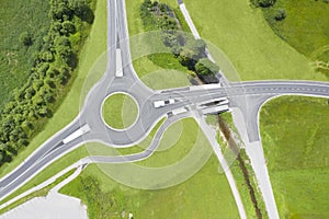 Bird`s eye top view of the roundabout with three single-ended streets with green areas