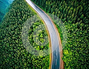 Bird's eye view from above of a beautiful winding road in a green forest during the rainy season.