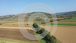 Bird's eye view of agricultural fields, agronomic industry. Aerial view