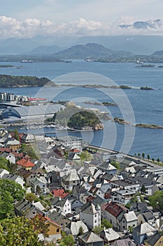 The bird`s eye view of Alesund port town on the west coast of Norway, at the entrance to the Geirangerfjord