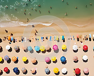 A bird\'s-eye view of a beach with many tourists