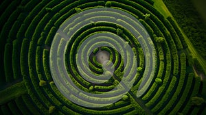 Bird's-eye view of the circular garden maze and the green pavilion. 3d illustration.. Generative.