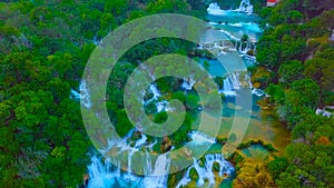 Bird`s Eye View of Croatia, Europe ; Waterfall in the Plitvice Lakes in Croatia 2019