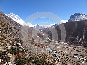 Bird`s eye view of Dingboche and the Imja Khola river valley, with Mt Lhotse on the left, Sagarmatha National Park, Nepal