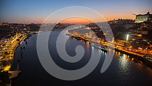 Bird`s-eye view of Douro river at dusk, Porto.