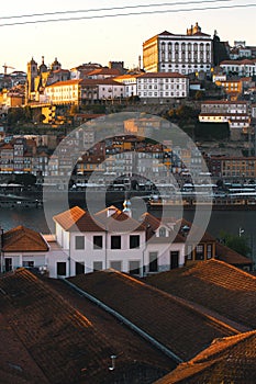 Bird`s-eye view Douro river at old downtown of Porto
