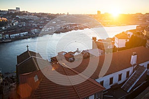 Bird`s-eye view of Douro river in old downtown of Porto at sunset