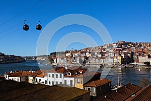 Bird`s-eye view of Douro river and Ribeira in Porto