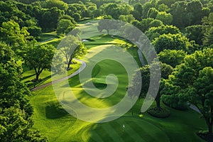 Bird's-eye view of an extensive golf course featuring multiple shades of green and perfect landscaping. AI generated photo