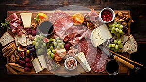 Bird\'s-eye view of gourmet charcuterie board with meats cheeses fruits and nuts