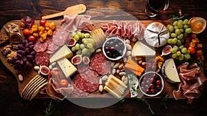 Bird\'s-eye view of gourmet charcuterie board with meats cheeses fruits and nuts