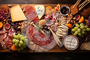 Bird\'s-eye view of gourmet charcuterie board with meats cheeses fruits and nuts