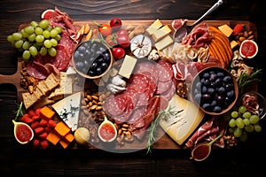 Bird\'s-eye view of gourmet charcuterie board with meats cheeses fruits and nuts