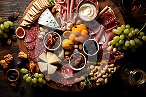 Bird\'s-eye view of gourmet charcuterie board with meats cheeses fruits and nuts