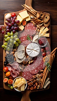 Bird\'s-eye view of gourmet charcuterie board with meats cheeses fruits and nuts