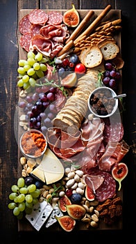 Bird\'s-eye view of gourmet charcuterie board with meats cheeses fruits and nuts