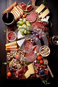 Bird\'s-eye view of gourmet charcuterie board with meats cheeses fruits and nuts