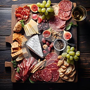 Bird\'s-eye view of gourmet charcuterie board with meats cheeses fruits and nuts