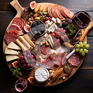 Bird\'s-eye view of gourmet charcuterie board with meats cheeses fruits and nuts