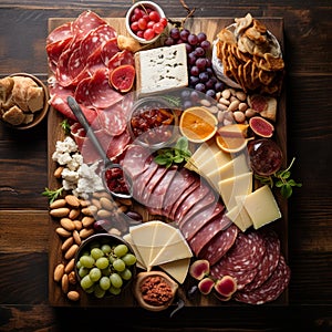 Bird\'s-eye view of gourmet charcuterie board with meats cheeses fruits and nuts