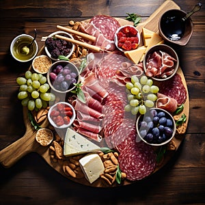 Bird\'s-eye view of gourmet charcuterie board with meats cheeses fruits and nuts