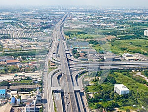 Bird`s-eye view on highway in Bangkok vicinity