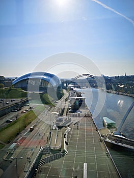 Bird& x27;s-eye view if the river Tyne, Tyne Bridge and the sage gateshead