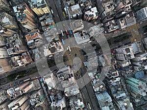 Bird's eye view of modern city buildings in Kowloon area. Hong Kong.