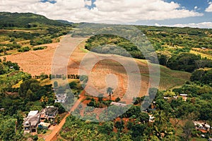 Bird`s-eye view of the mountains and fields of the island of Mauritius.Landscapes Of Mauritius