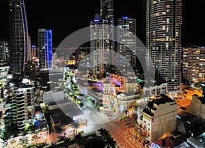 Bird`s Eye View At Night To Skyscrapers In Surfers Paradise Gold Coast Queensland Australia